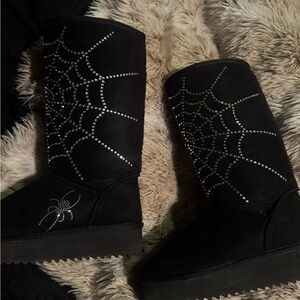 Black Rhinestone Spiderweb Boots - Women's